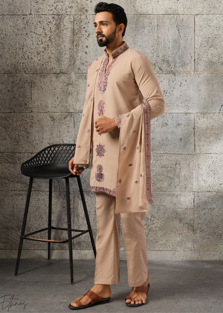 Sand Beige Motif-Embroidered Silk Kurta Traditional Scarf Set