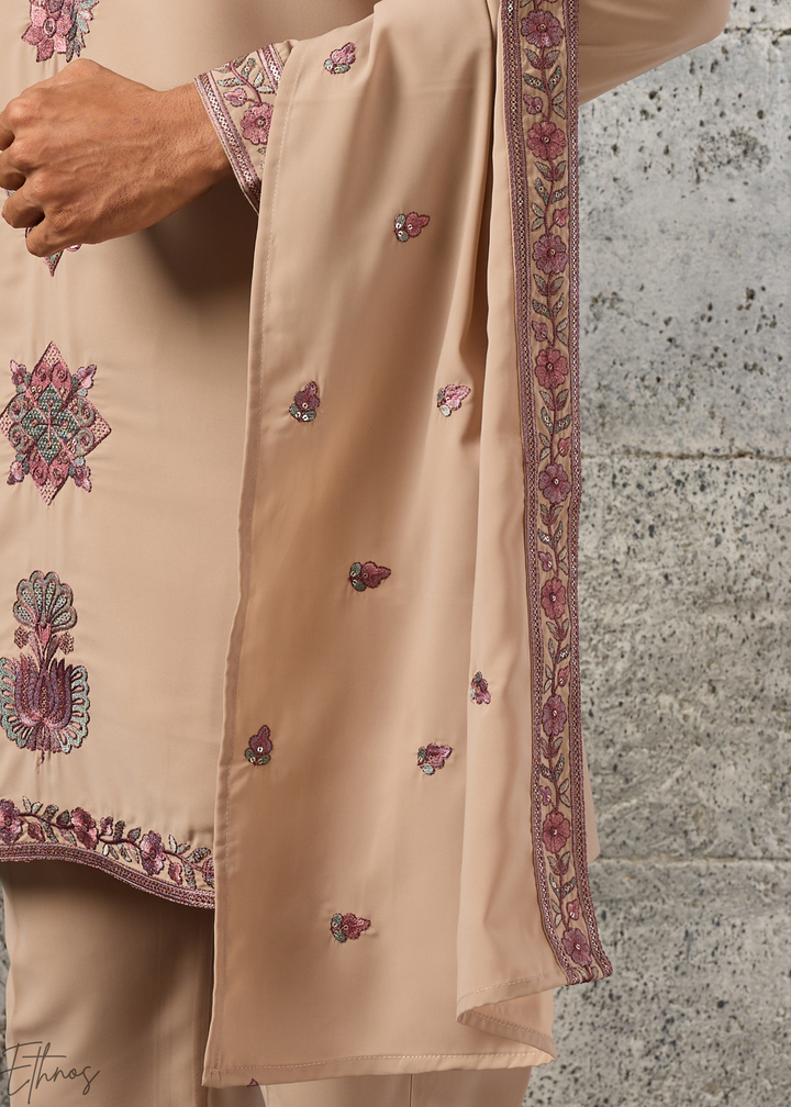 Sand Beige Motif-Embroidered Silk Kurta Traditional Scarf Set