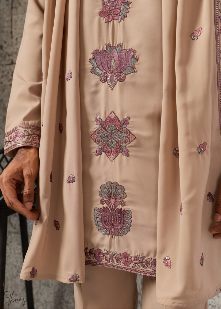Sand Beige Motif-Embroidered Silk Kurta Traditional Scarf Set