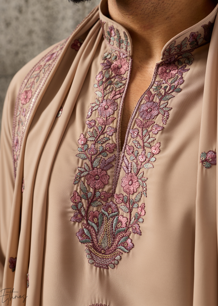 Sand Beige Motif-Embroidered Silk Kurta Traditional Scarf Set