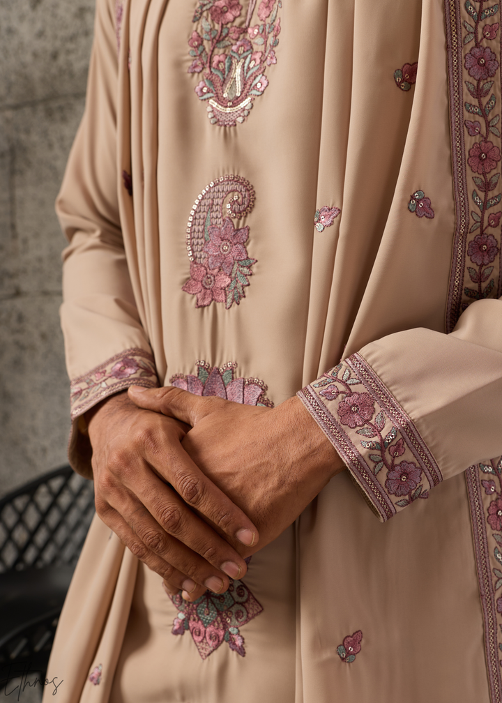 Sand Beige Motif-Embroidered Silk Kurta Traditional Scarf Set