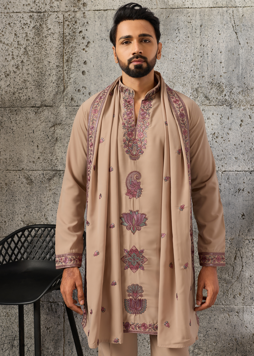 Sand Beige Motif-Embroidered Silk Kurta Traditional Scarf Set