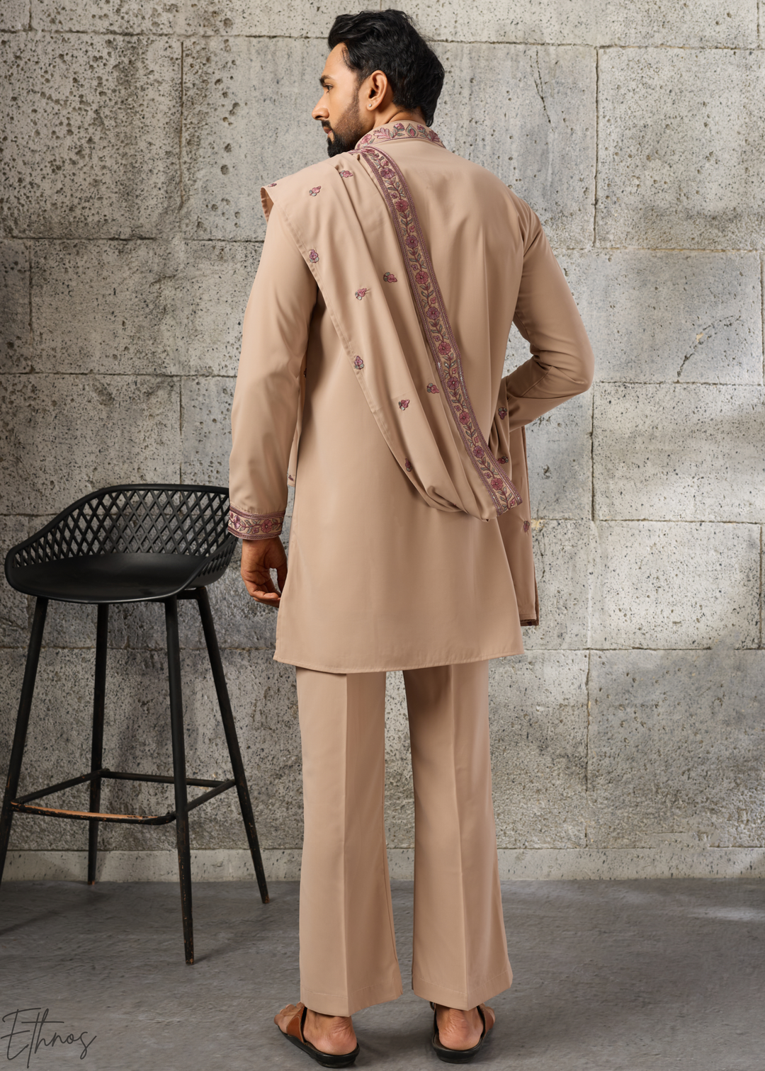 Sand Beige Motif-Embroidered Silk Kurta Traditional Scarf Set