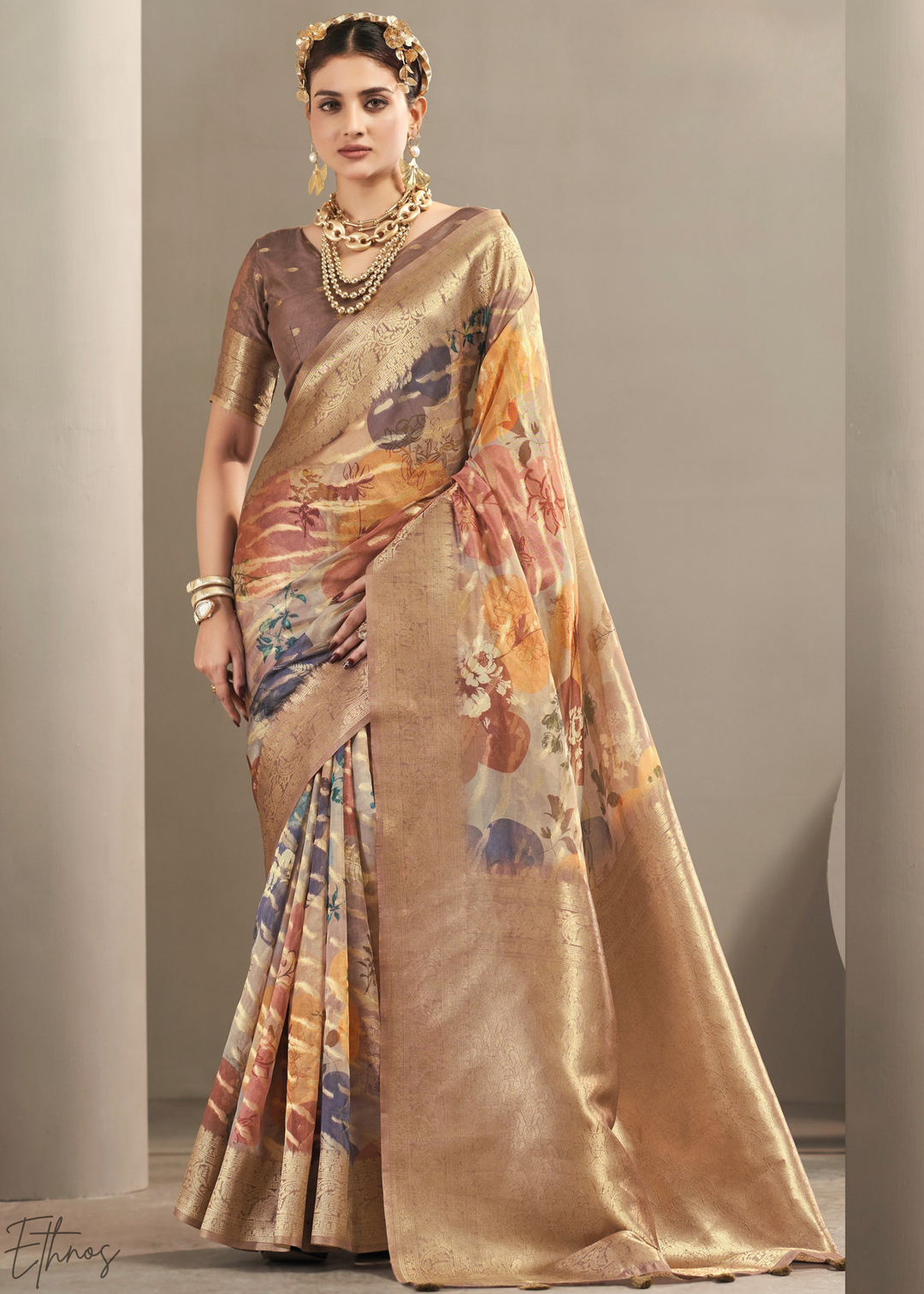Sand Brown Abstract Digital Print Metallic Vellora Saree