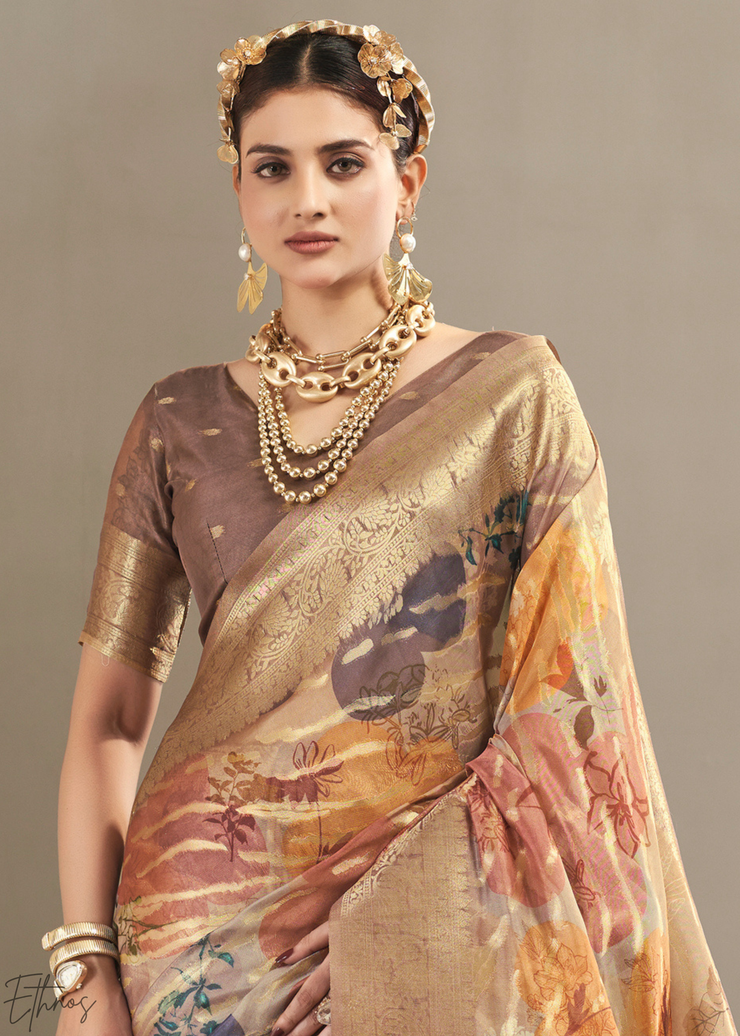 Sand Brown Abstract Digital Print Metallic Vellora Saree