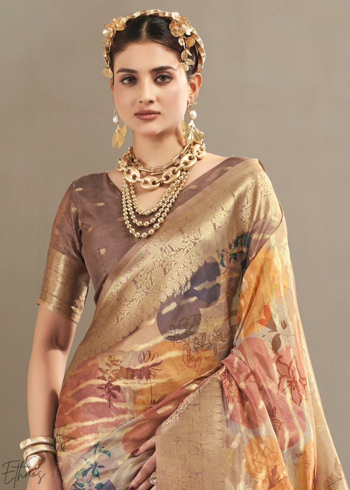 Sand Brown Abstract Digital Print Metallic Vellora Saree