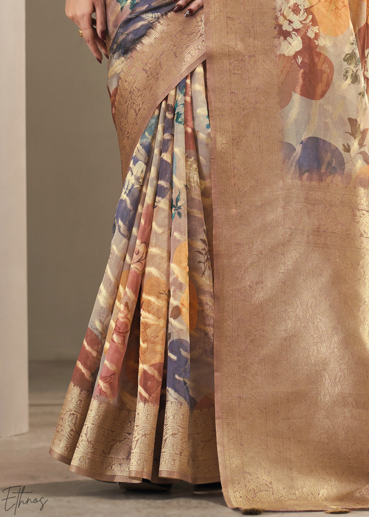 Sand Brown Abstract Digital Print Metallic Vellora Saree
