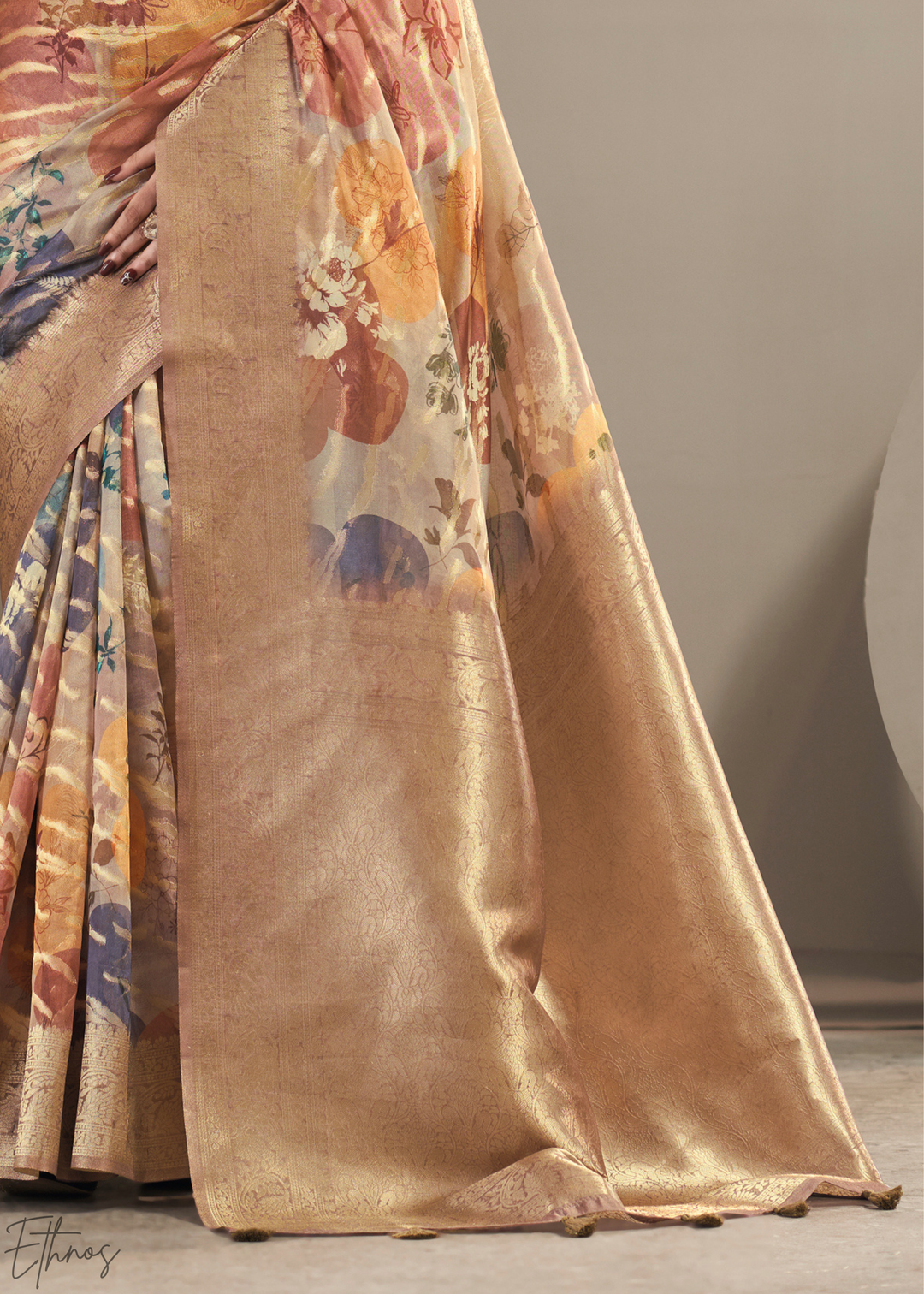 Sand Brown Abstract Digital Print Metallic Vellora Saree