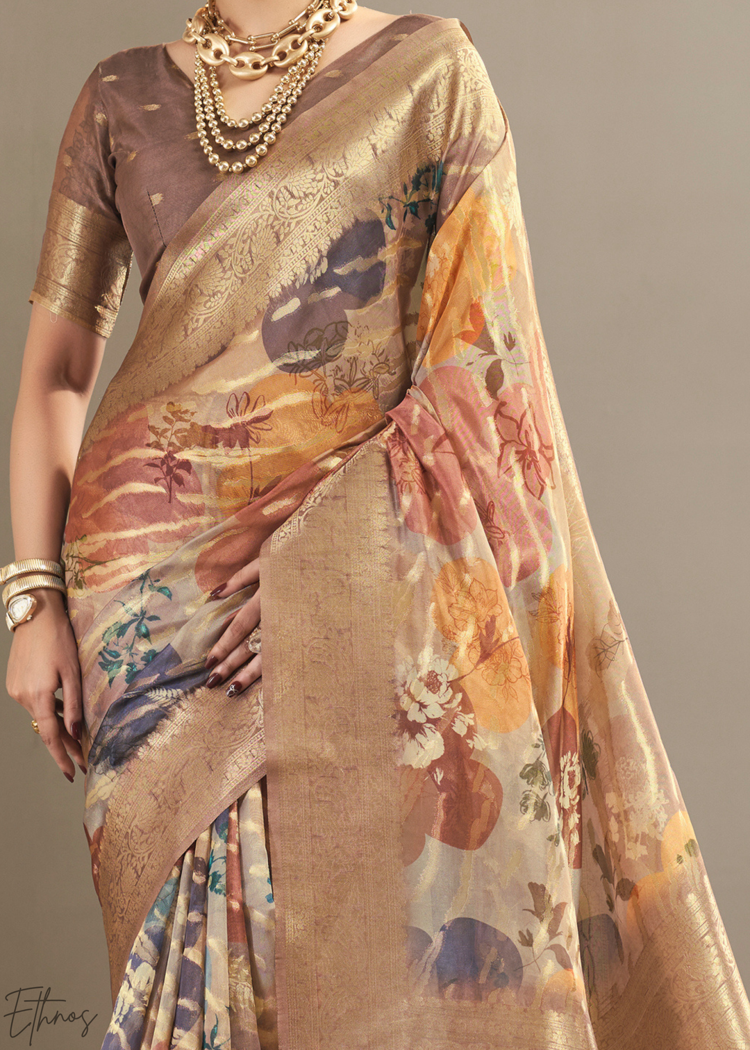Sand Brown Abstract Digital Print Metallic Vellora Saree