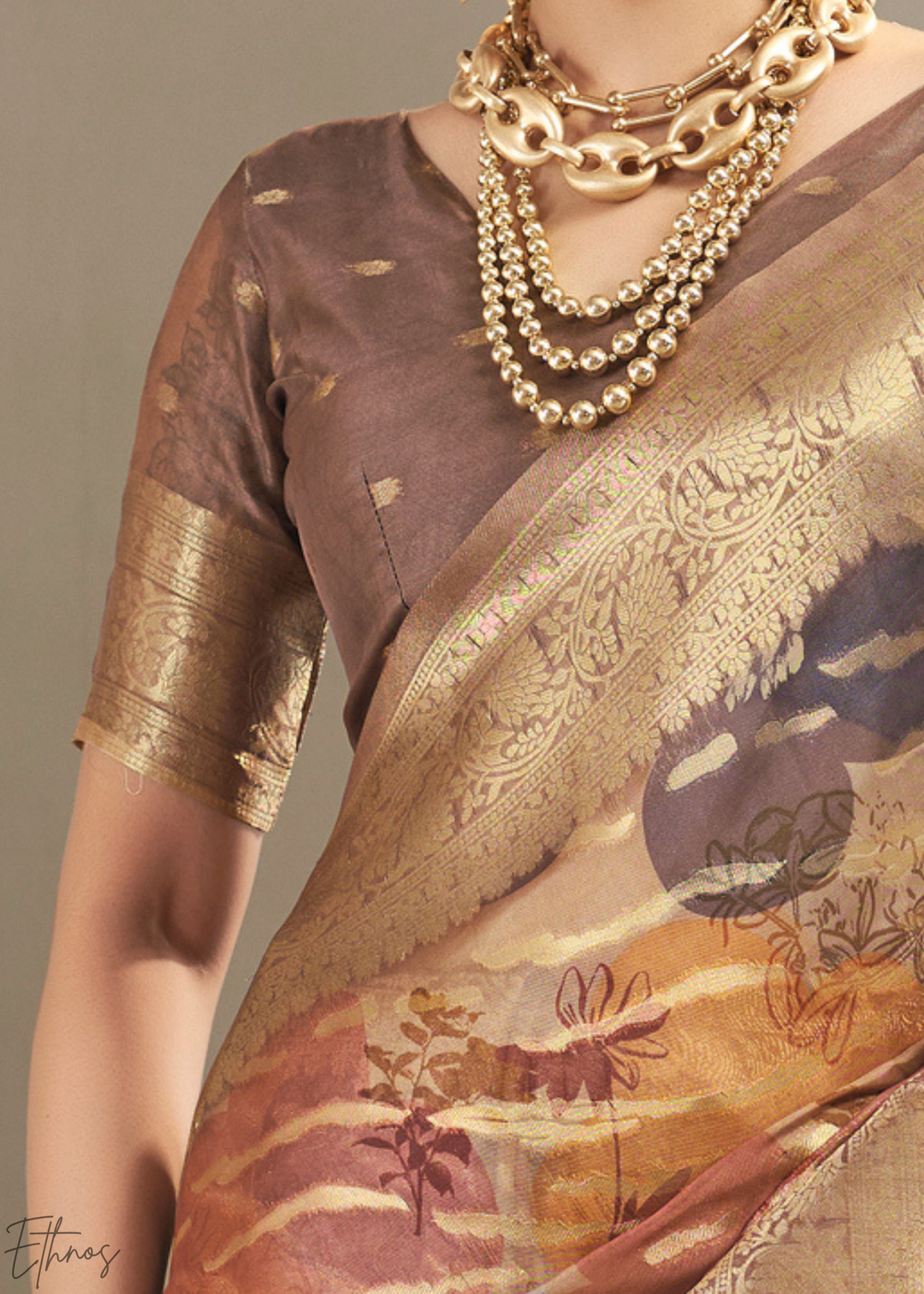 Sand Brown Abstract Digital Print Metallic Vellora Saree