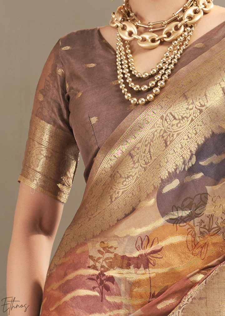 Sand Brown Abstract Digital Print Metallic Vellora Saree
