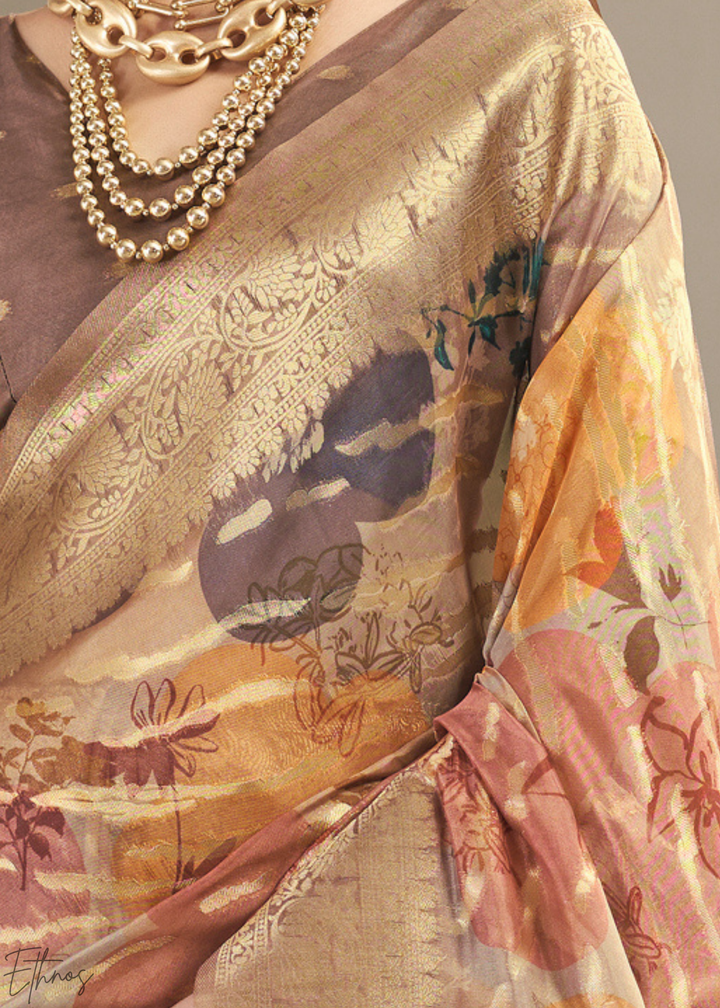 Sand Brown Abstract Digital Print Metallic Vellora Saree