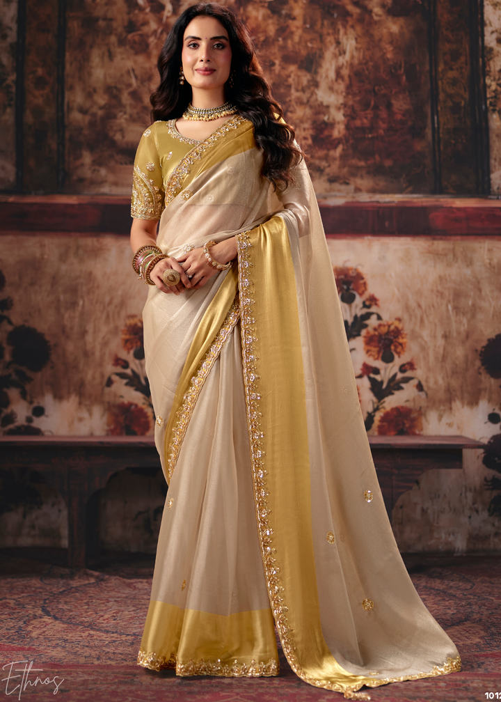 Sand Ivory Shiny Border Satin Patta Saree