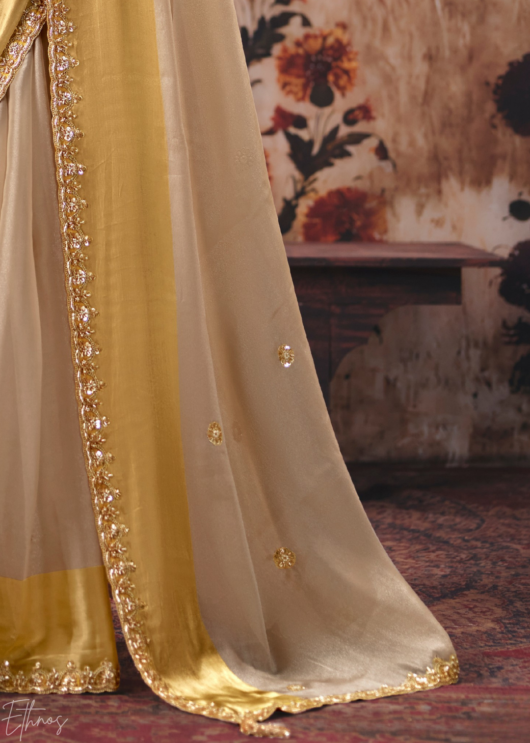 Sand Ivory Shiny Border Satin Patta Saree