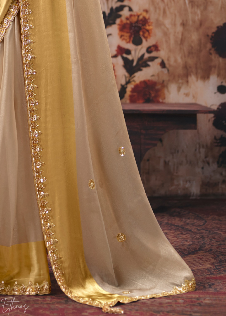 Sand Ivory Shiny Border Satin Patta Saree