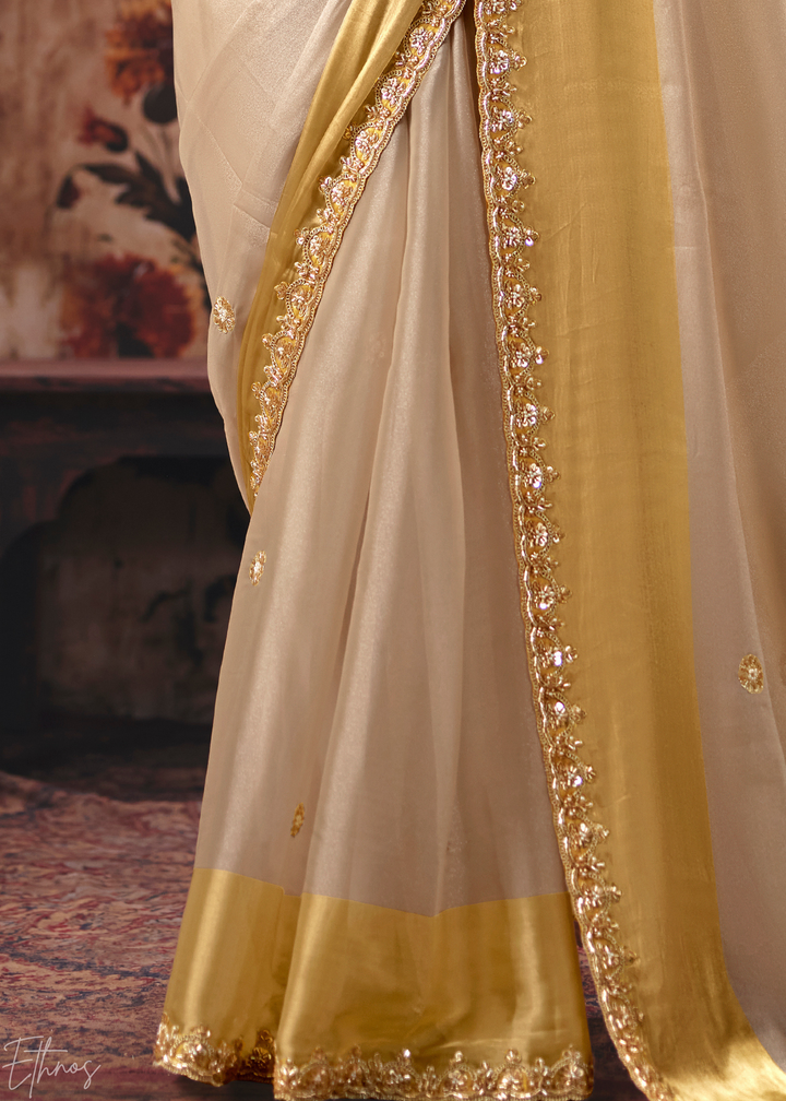 Sand Ivory Shiny Border Satin Patta Saree