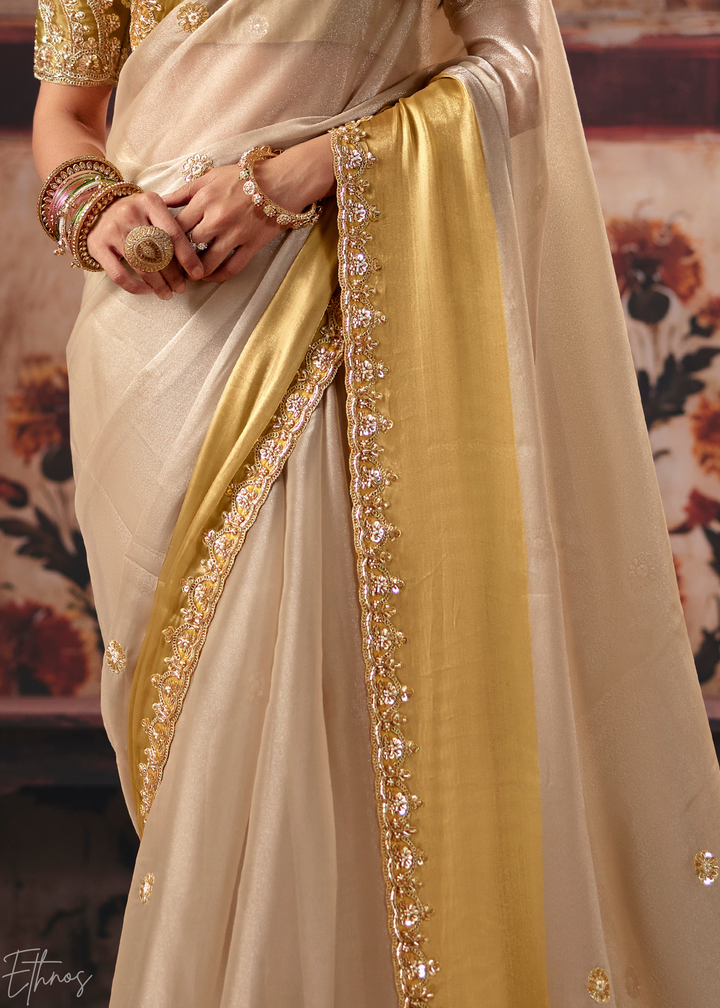 Sand Ivory Shiny Border Satin Patta Saree