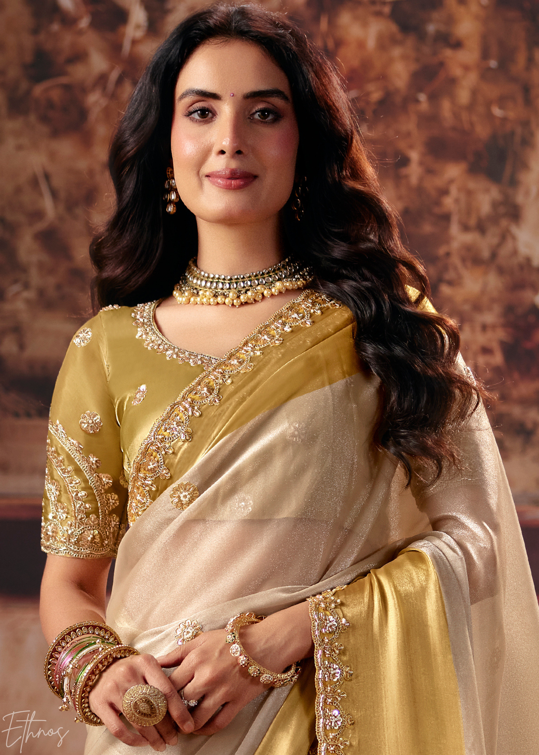 Sand Ivory Shiny Border Satin Patta Saree