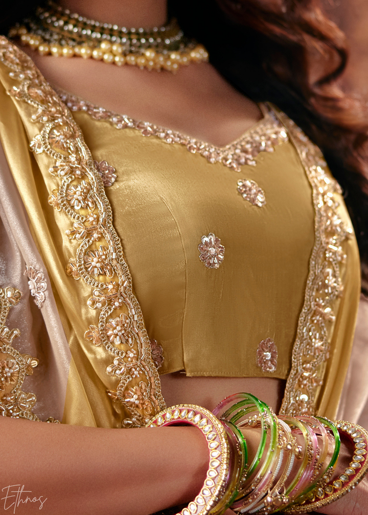 Sand Ivory Shiny Border Satin Patta Saree