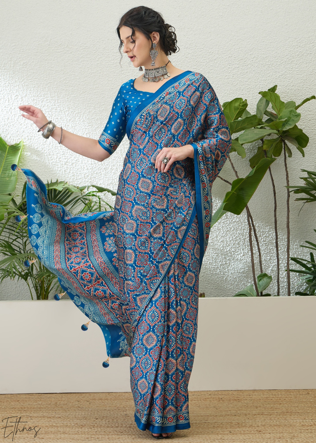 Sapphire Blue Ajrakh Print  Modal Silk Saree