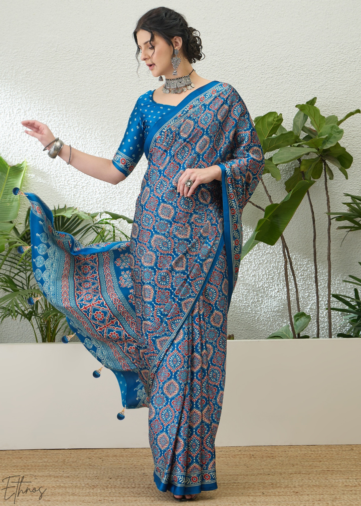 Sapphire Blue Ajrakh Print  Modal Silk Saree
