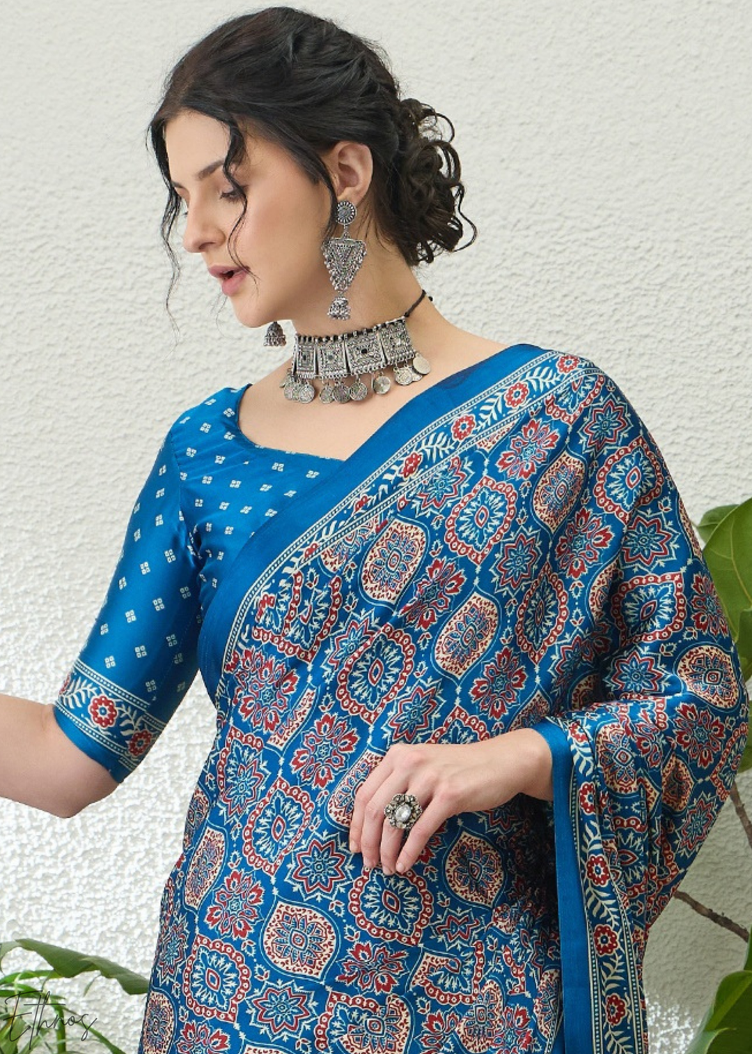 Sapphire Blue Ajrakh Print  Modal Silk Saree