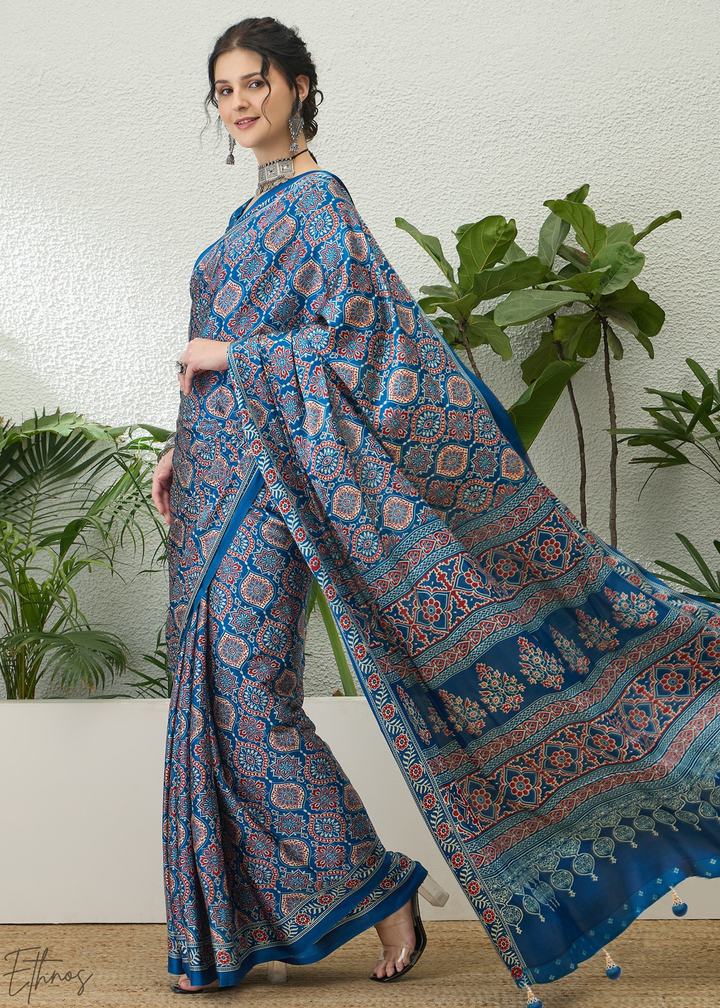 Sapphire Blue Ajrakh Print  Modal Silk Saree