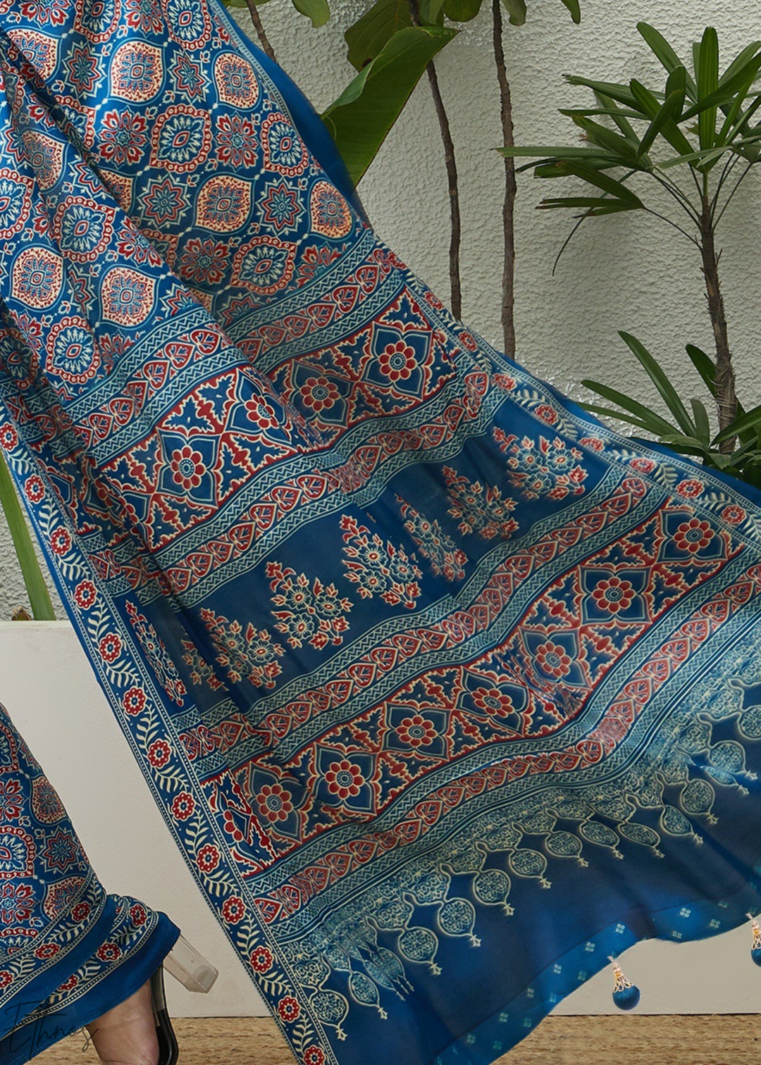 Sapphire Blue Ajrakh Print  Modal Silk Saree