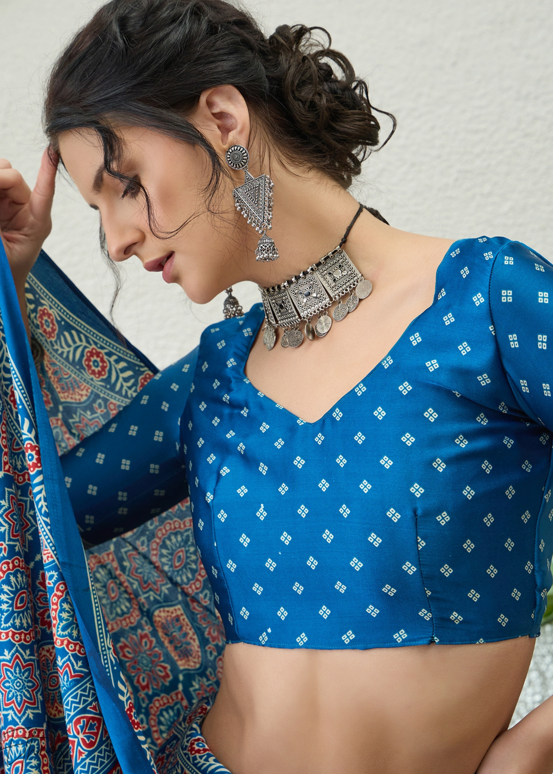 Sapphire Blue Ajrakh Print  Modal Silk Saree