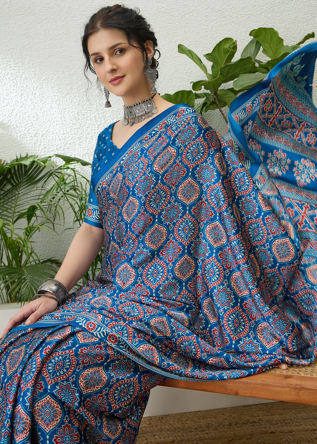 Sapphire Blue Ajrakh Print  Modal Silk Saree