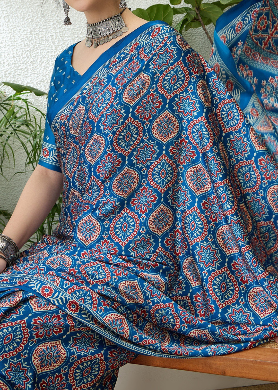 Sapphire Blue Ajrakh Print  Modal Silk Saree