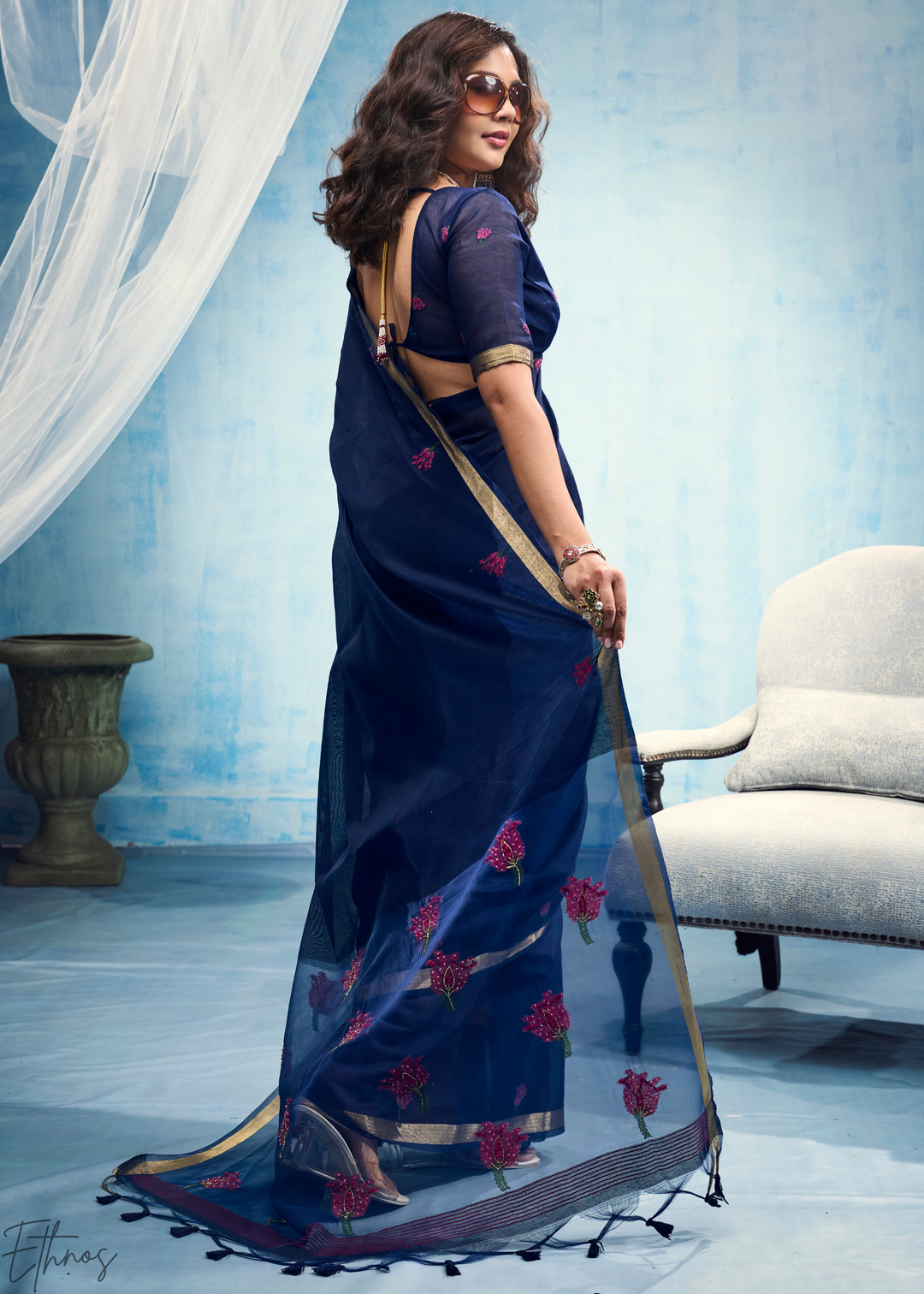 Sapphire Blue Rose Jamdani Munga Cotton Saree