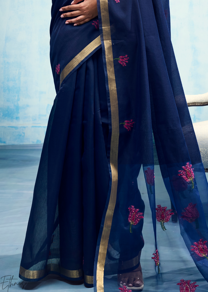 Sapphire Blue Rose Jamdani Munga Cotton Saree