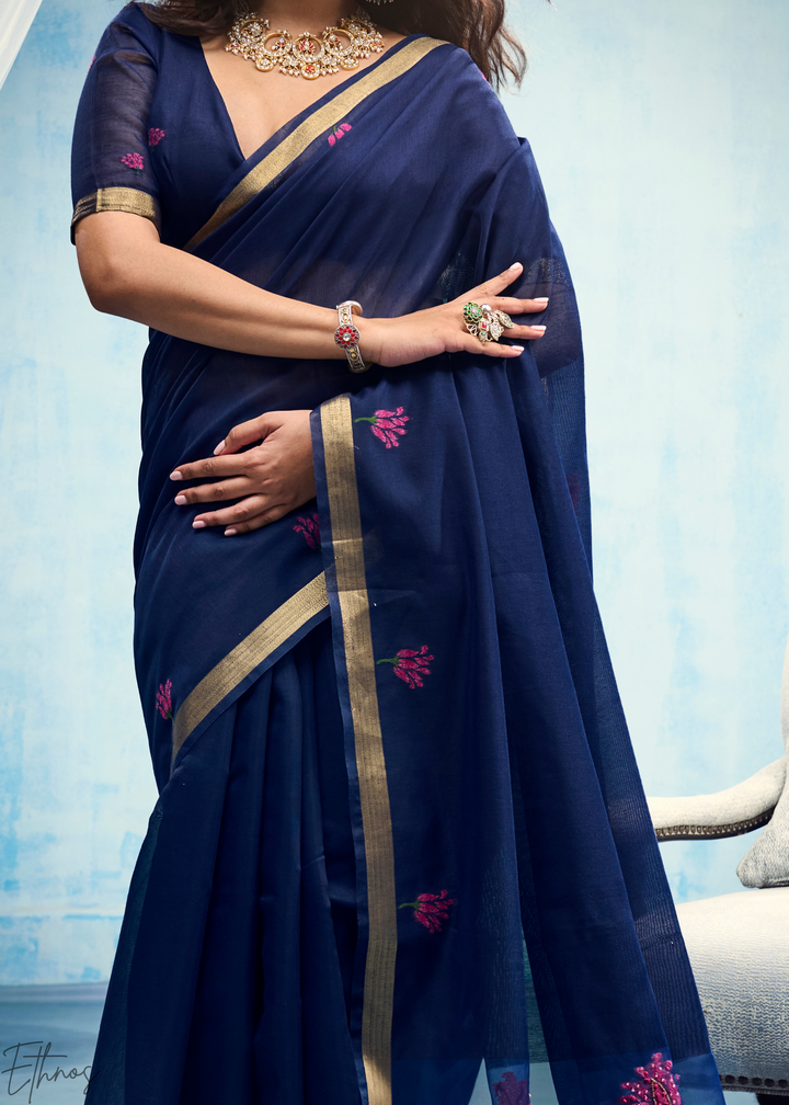 Sapphire Blue Rose Jamdani Munga Cotton Saree
