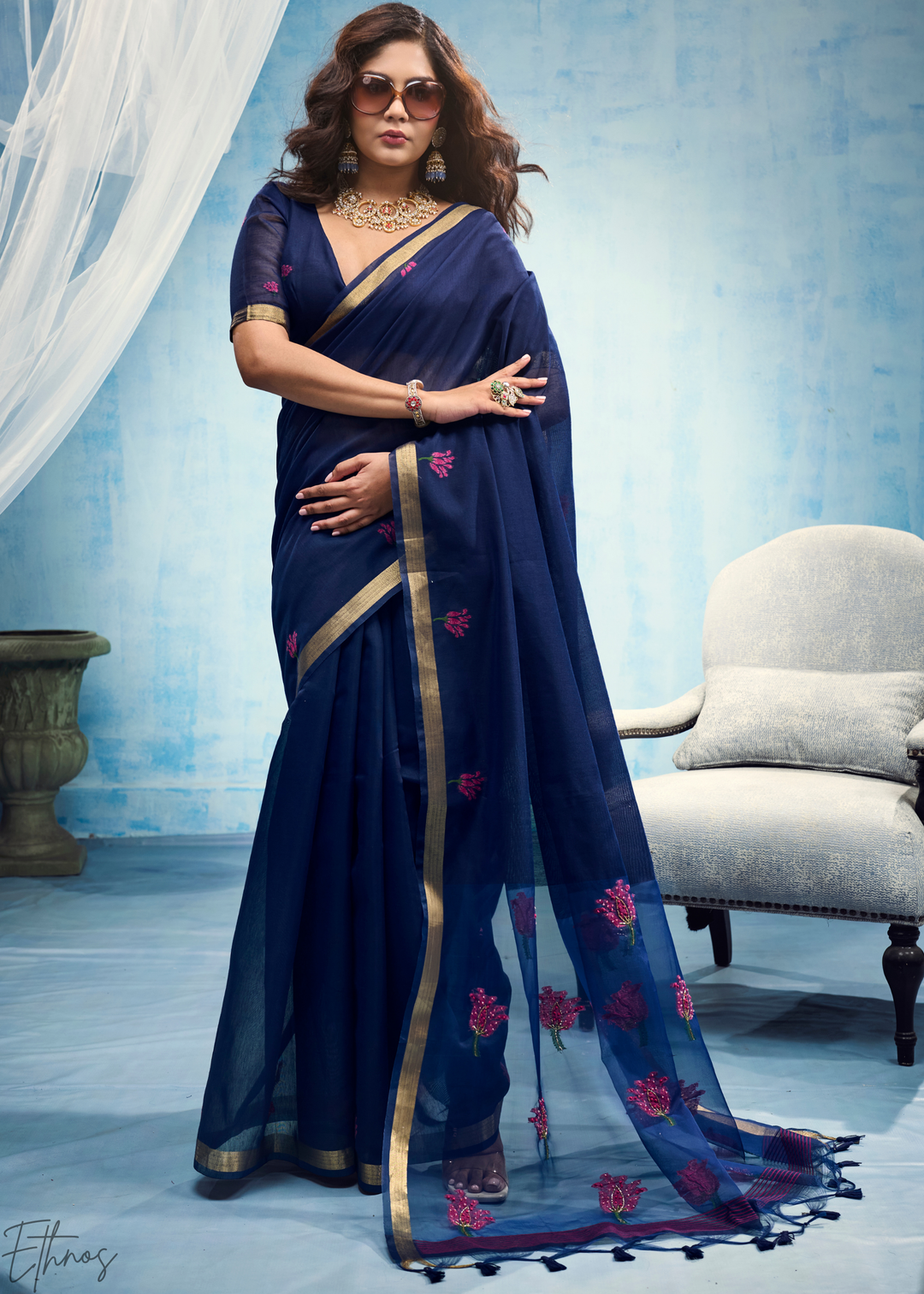 Sapphire Blue Rose Jamdani Munga Cotton Saree