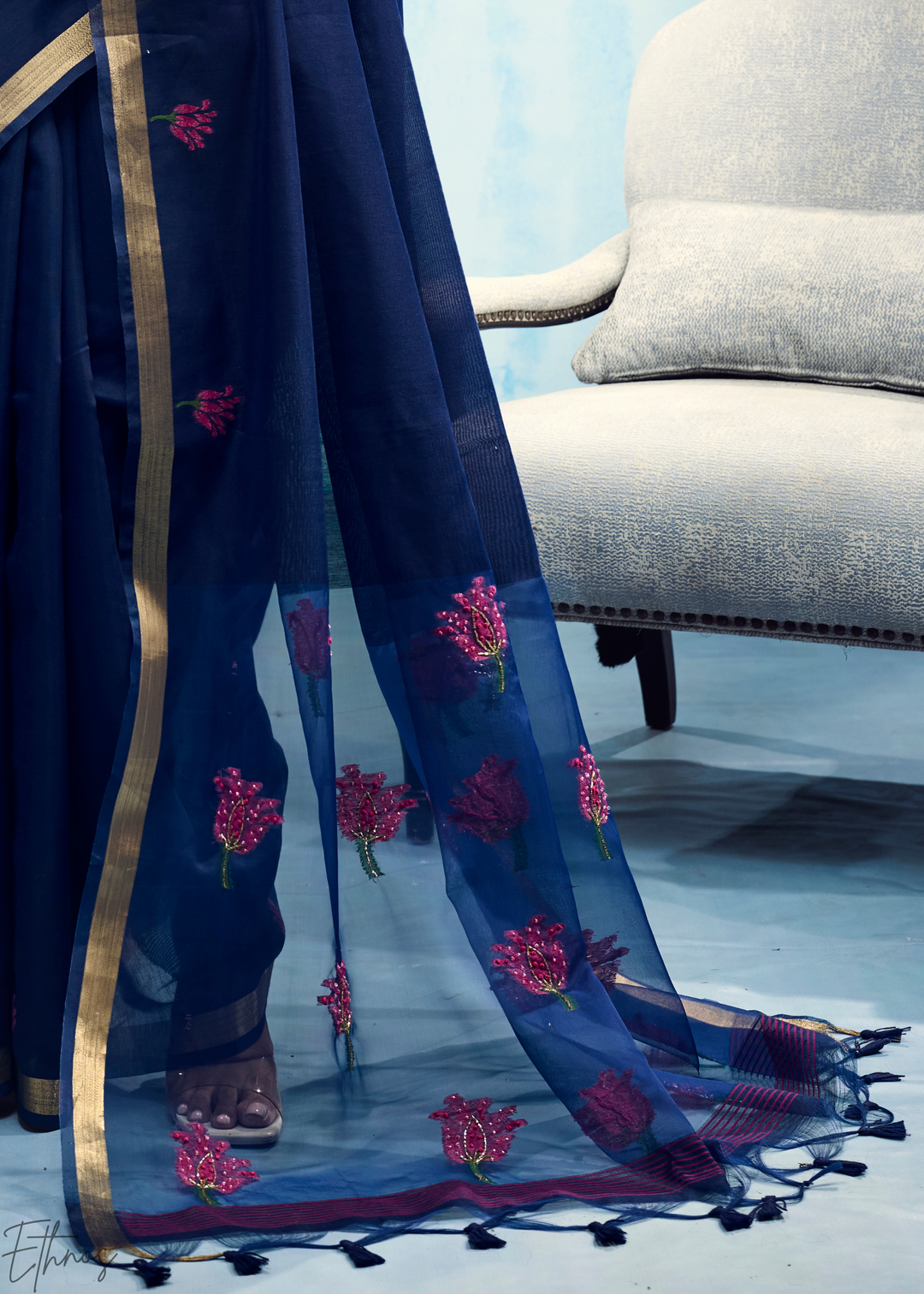 Sapphire Blue Rose Jamdani Munga Cotton Saree