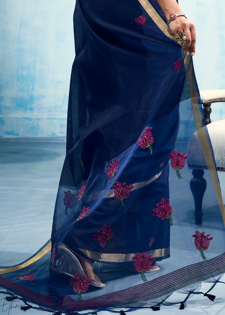 Sapphire Blue Rose Jamdani Munga Cotton Saree