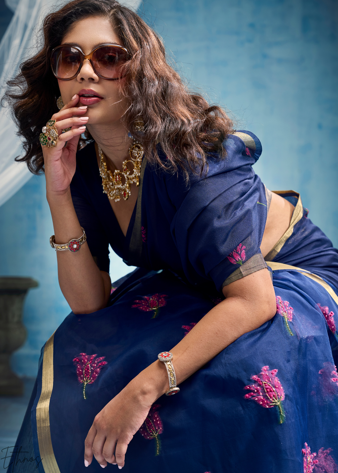 Sapphire Blue Rose Jamdani Munga Cotton Saree