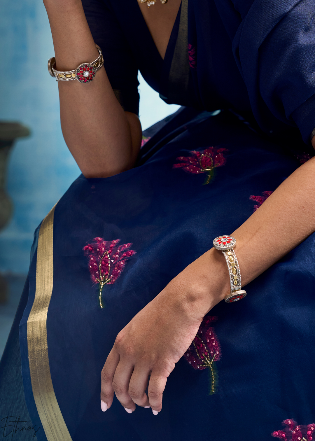 Sapphire Blue Rose Jamdani Munga Cotton Saree