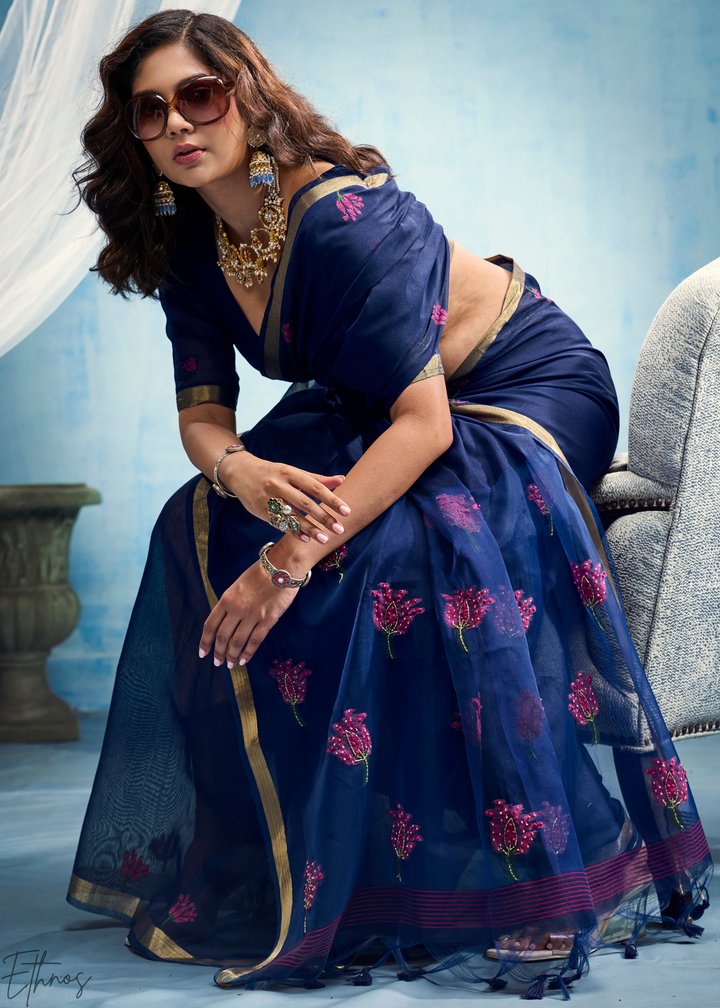 Sapphire Blue Rose Jamdani Munga Cotton Saree
