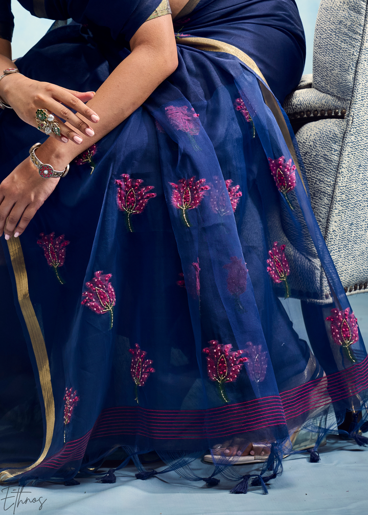 Sapphire Blue Rose Jamdani Munga Cotton Saree