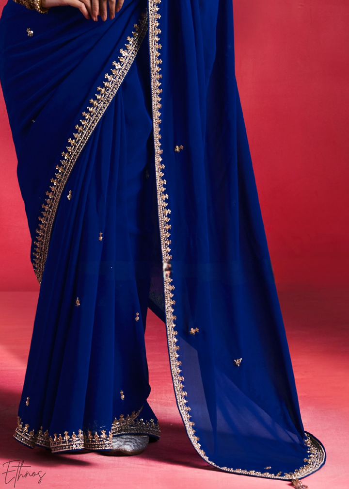 Sapphire Cobalt Paisley Trim Border Soft Silk Saree