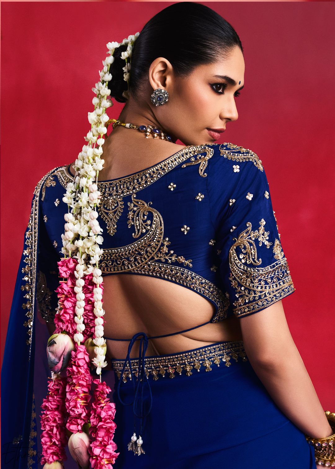Sapphire Cobalt Paisley Trim Border Soft Silk Saree