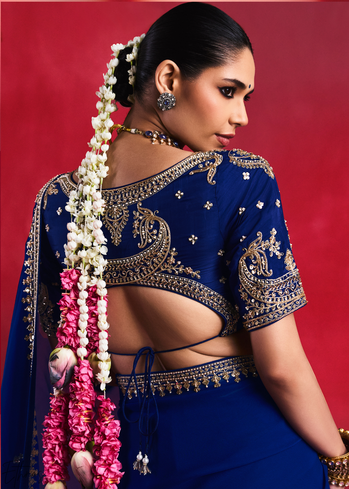 Sapphire Cobalt Paisley Trim Border Soft Silk Saree