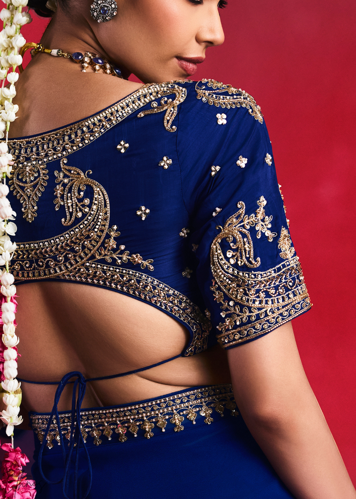 Sapphire Cobalt Paisley Trim Border Soft Silk Saree