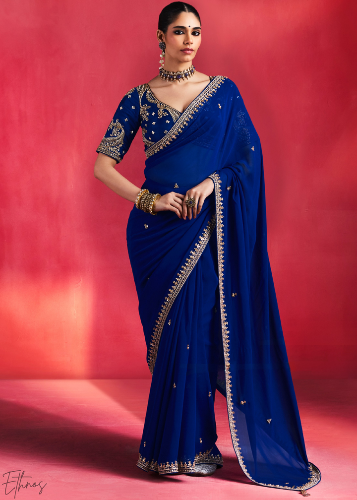 Sapphire Cobalt Paisley Trim Border Soft Silk Saree