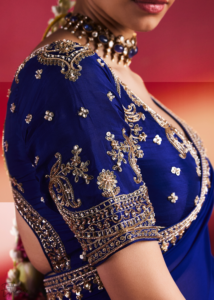 Sapphire Cobalt Paisley Trim Border Soft Silk Saree