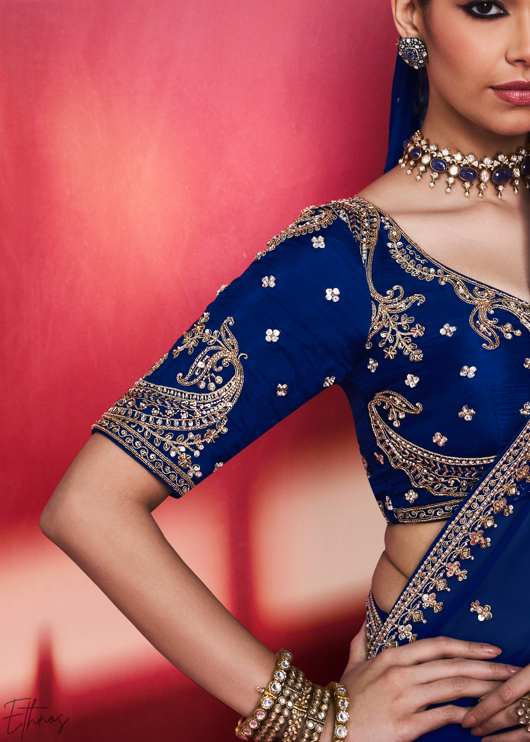 Sapphire Cobalt Paisley Trim Border Soft Silk Saree