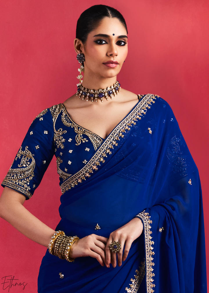 Sapphire Cobalt Paisley Trim Border Soft Silk Saree