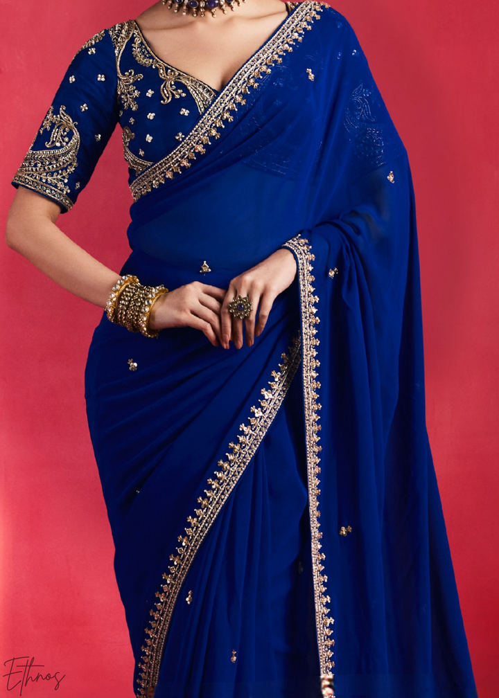 Sapphire Cobalt Paisley Trim Border Soft Silk Saree